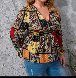 SHEIN NWOT Curve Plus Patchwork Floral autumn boho Ruffle Hem V Neck Blouse